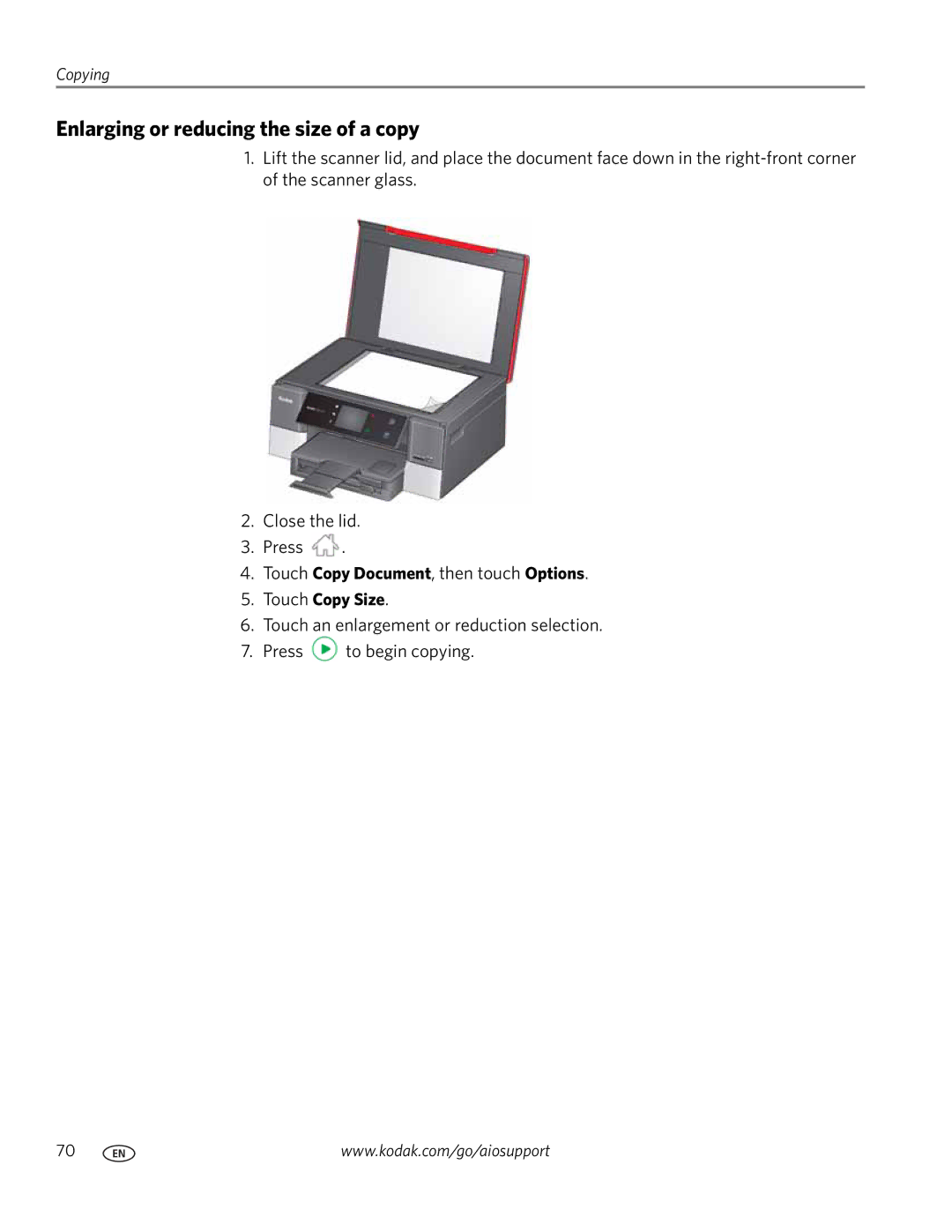 Kodak 7.1 manual Enlarging or reducing the size of a copy, Touch Copy Size 