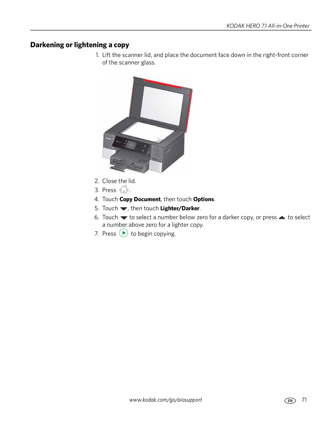 Kodak 7.1 manual Darkening or lightening a copy 