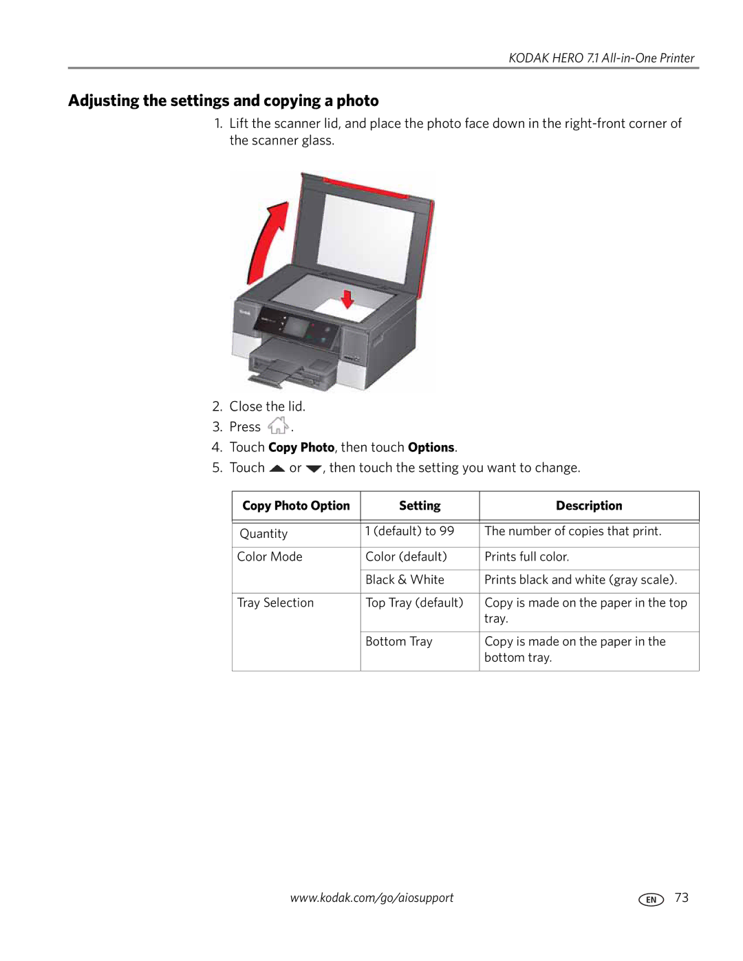 Kodak 7.1 manual Adjusting the settings and copying a photo, Copy Photo Option Setting Description 