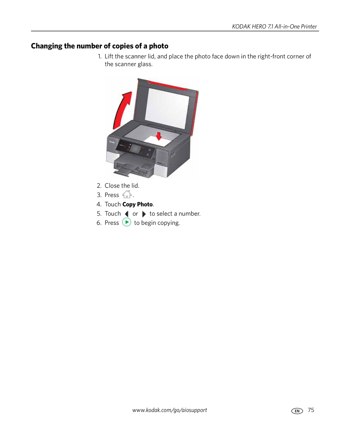 Kodak 7.1 manual Changing the number of copies of a photo, Touch Copy Photo 