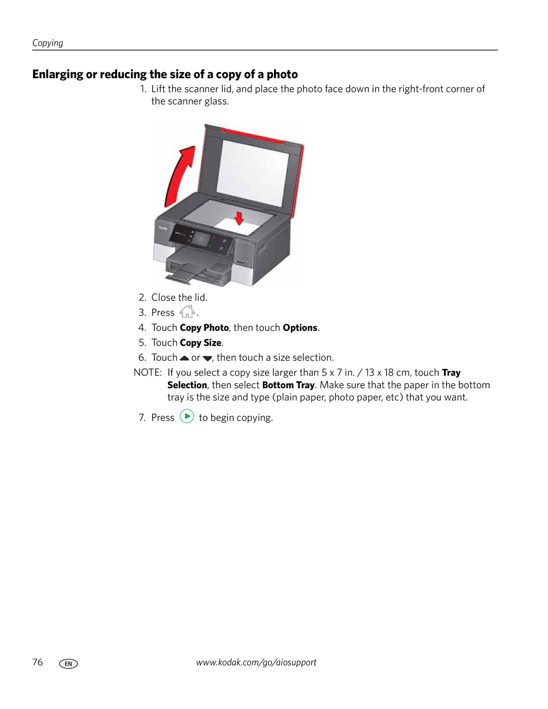 Kodak 7.1 manual Enlarging or reducing the size of a copy of a photo, Touch Copy Size 