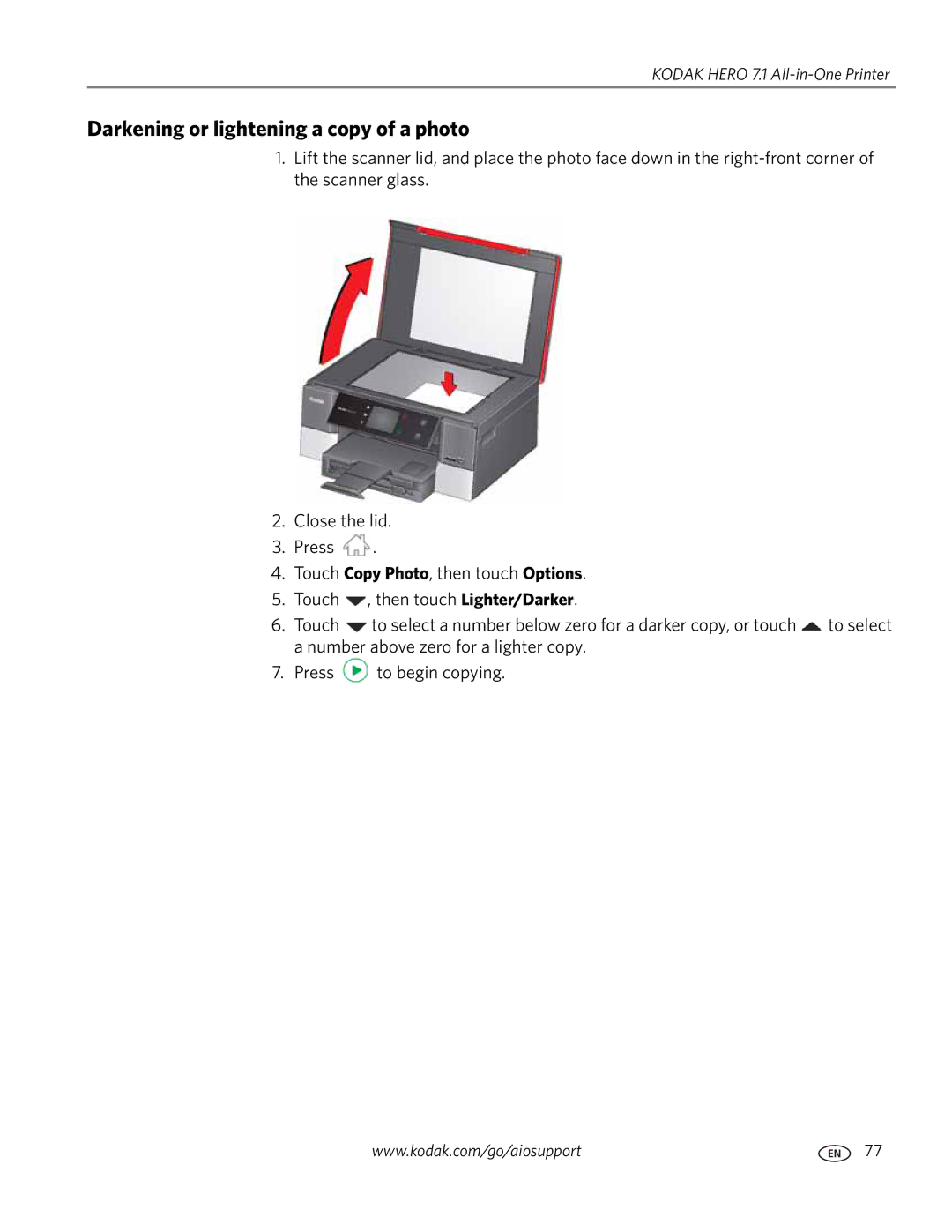 Kodak 7.1 manual Darkening or lightening a copy of a photo 