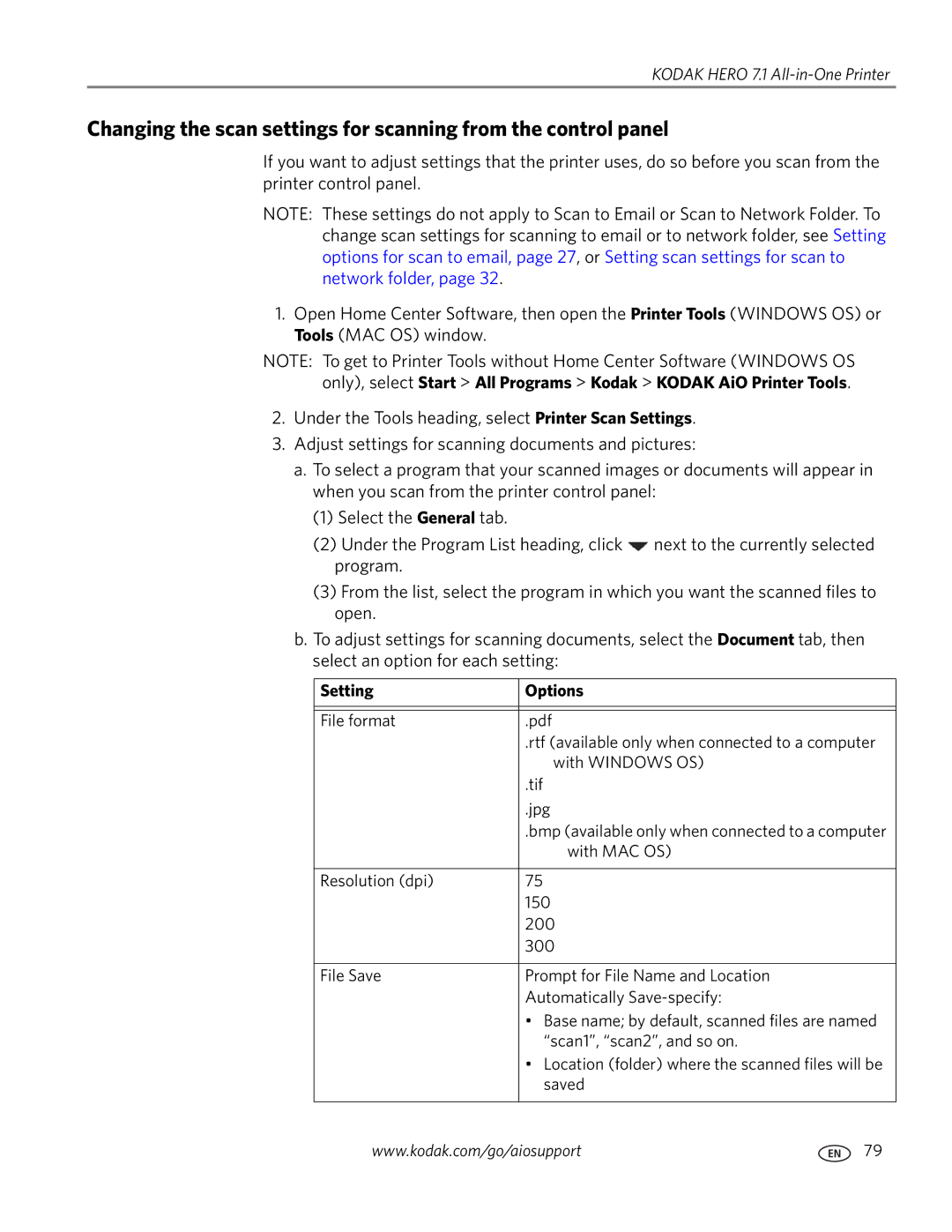 Kodak 7.1 manual Setting Options 