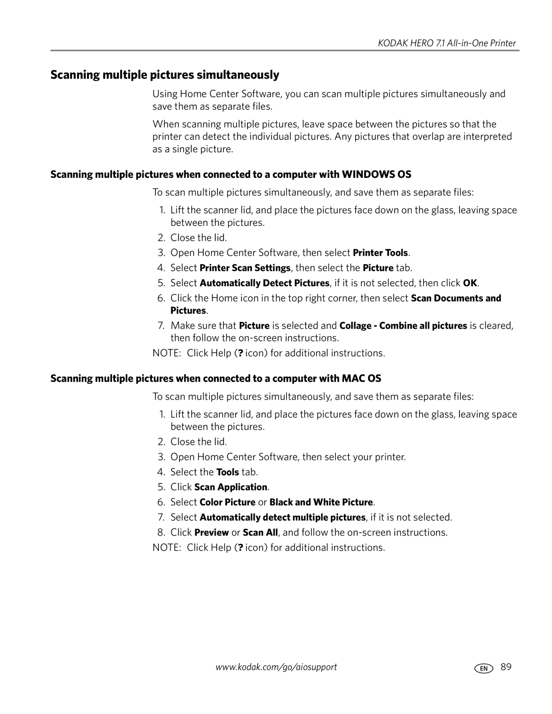 Kodak 7.1 manual Scanning multiple pictures simultaneously 