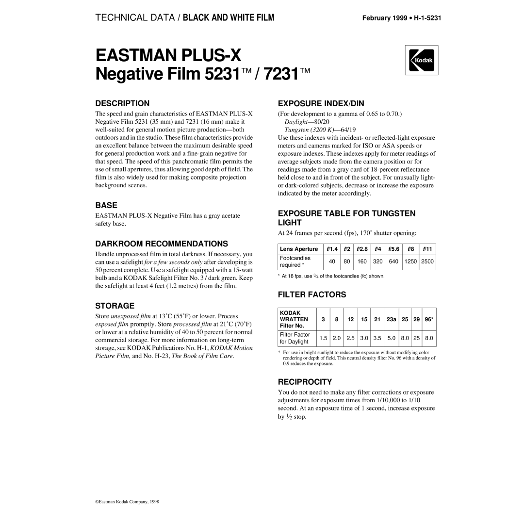 Kodak 5231TM manual Description, Exposure INDEX/DIN, Base, Darkroom Recommendations, Storage, Filter Factors, Reciprocity 