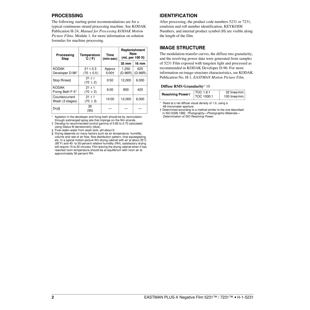 Kodak 7231TM, 5231TM manual Processing, Identification, Image Structure 