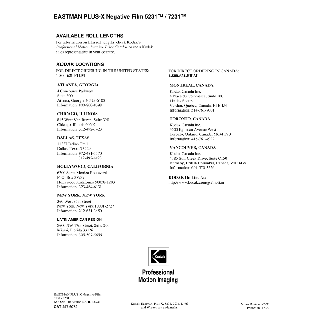 Kodak 7231TM, 5231TM manual Available Roll Lengths, Kodak Locations 