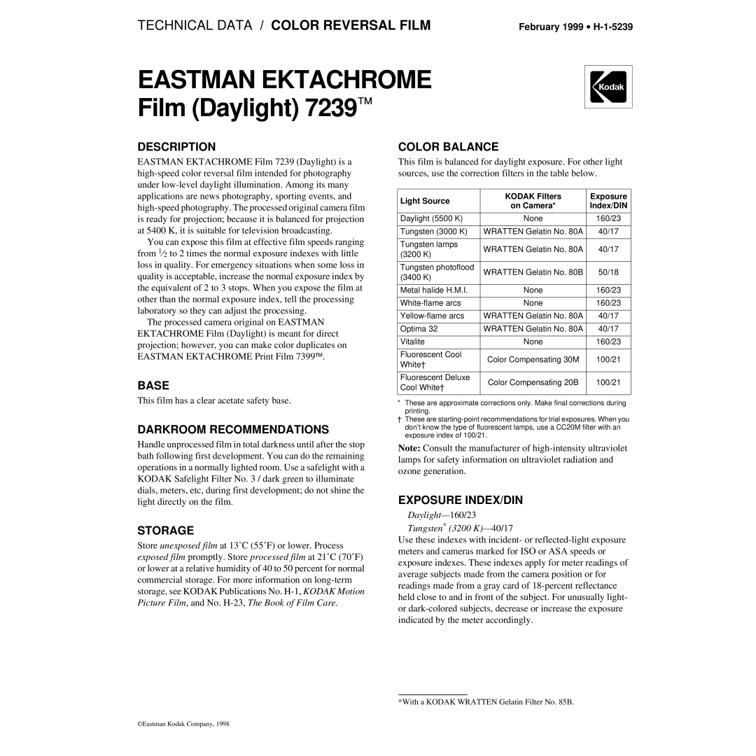 Kodak 7239 manual Description, Base Color Balance, Darkroom Recommendations, Storage, Exposure INDEX/DIN 