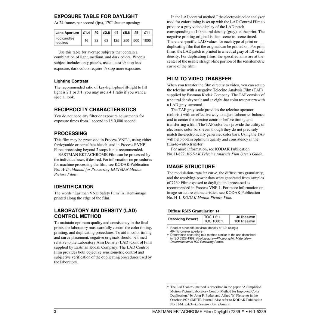 Kodak 7239 Exposure Table for Daylight, Reciprocity Characteristics, Processing, Identification, Film to Video Transfer 