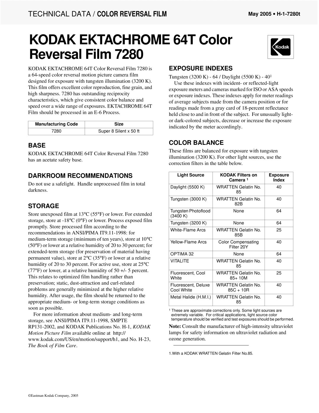 Kodak 7280 manual Exposure Indexes, Base, Darkroom Recommendations, Storage, Color Balance 