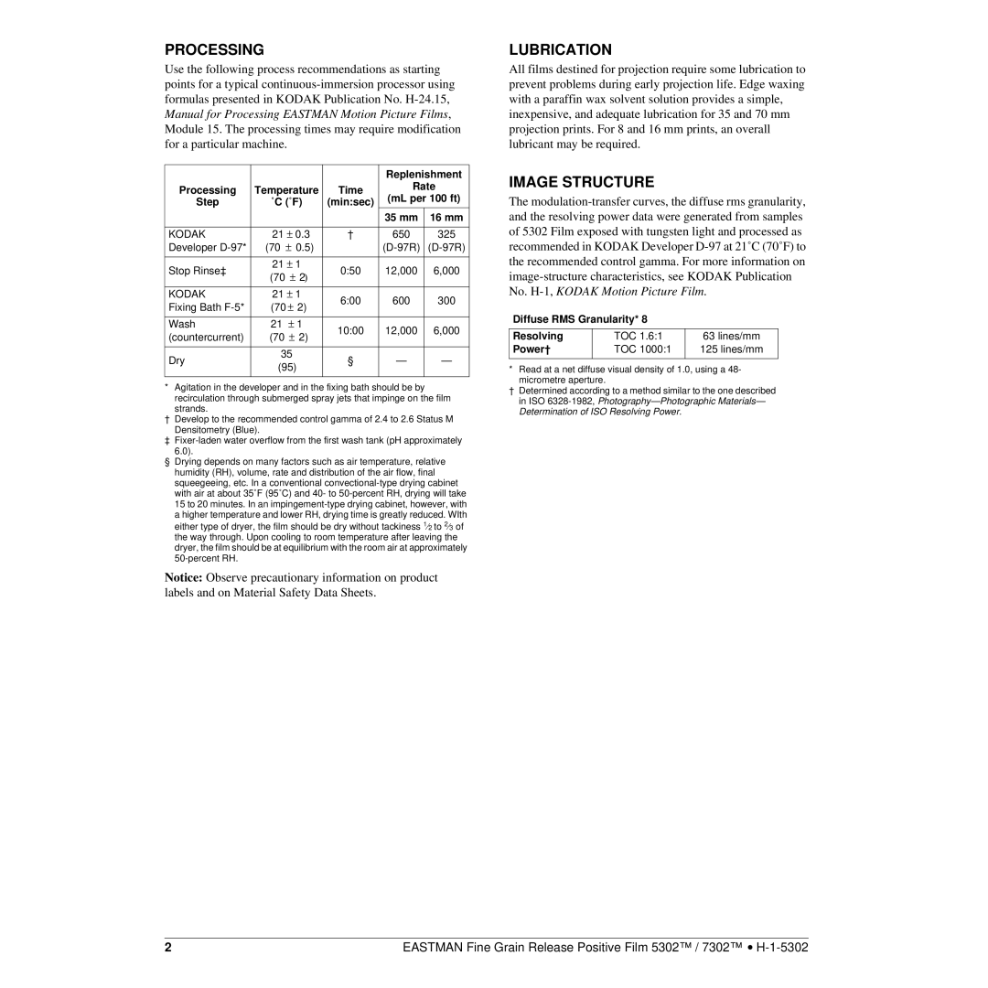 Kodak 7302TM, 5302TM manual Processing, Lubrication, Image Structure 