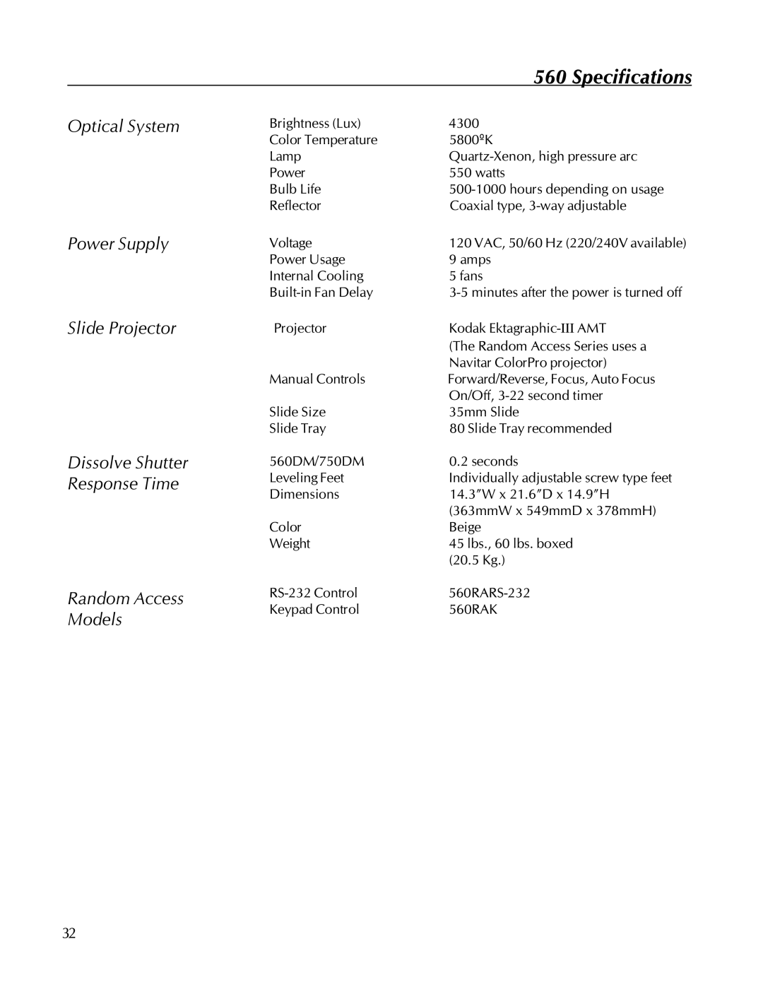 Kodak 750, 560 manual Specifications, Optical System Power Supply Slide Projector 
