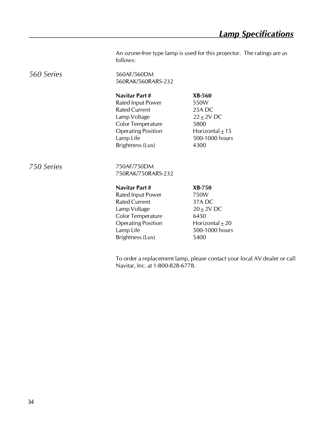 Kodak 750, 560 manual Lamp Specifications, Series 