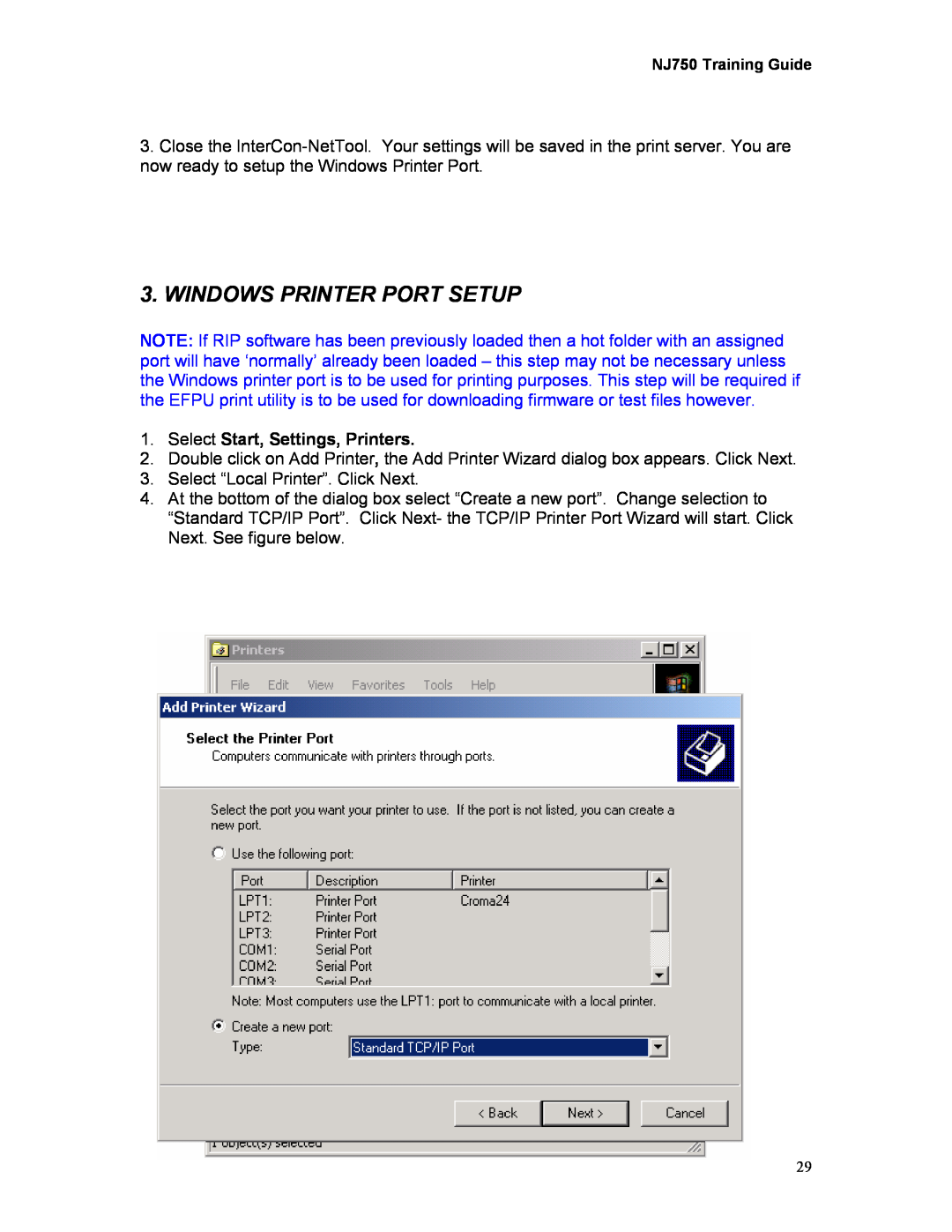 Kodak 750 manual Windows Printer Port Setup, Select Start, Settings, Printers 