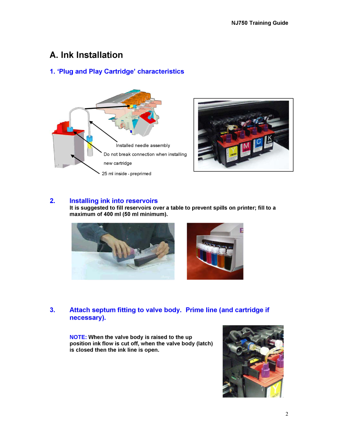 Kodak 750 manual ‘Plug and Play Cartridge’ characteristics, Installing ink into reservoirs 