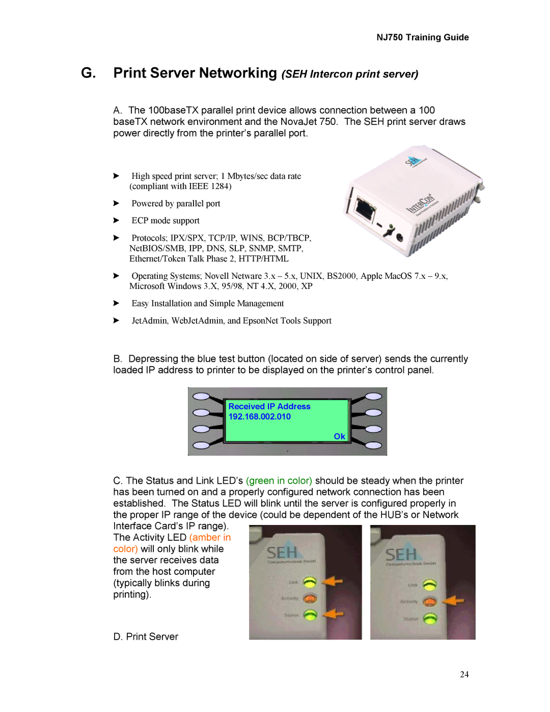 Kodak 750 manual Print Server Networking SEH Intercon print server 