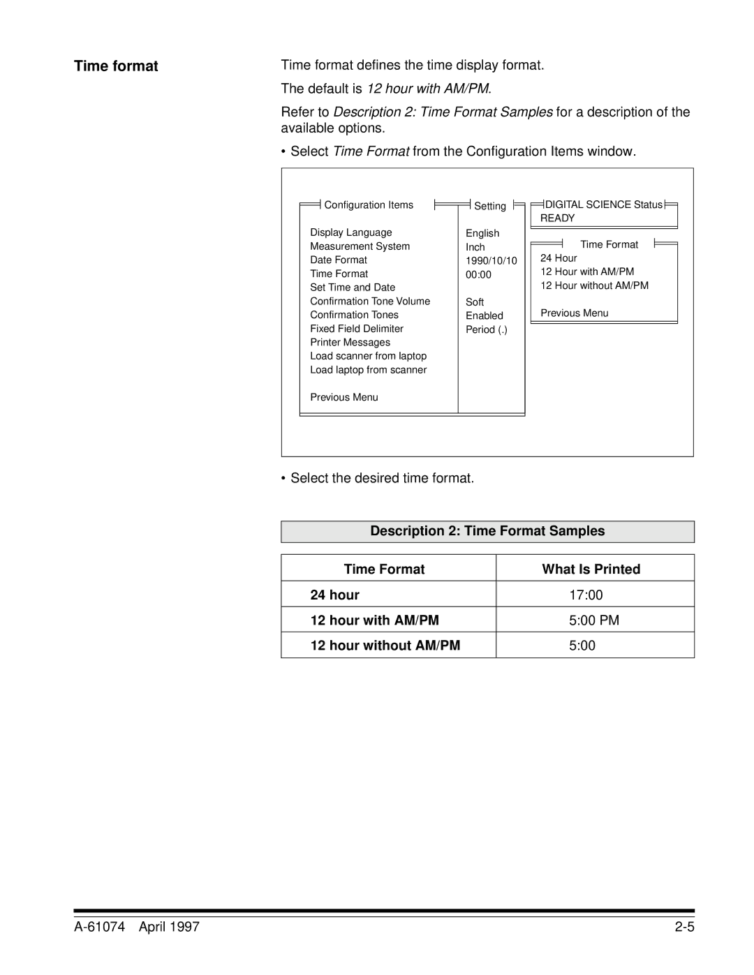 Kodak 7500, 5500 manual Time format defines the time display format, ∙ Select the desired time format 