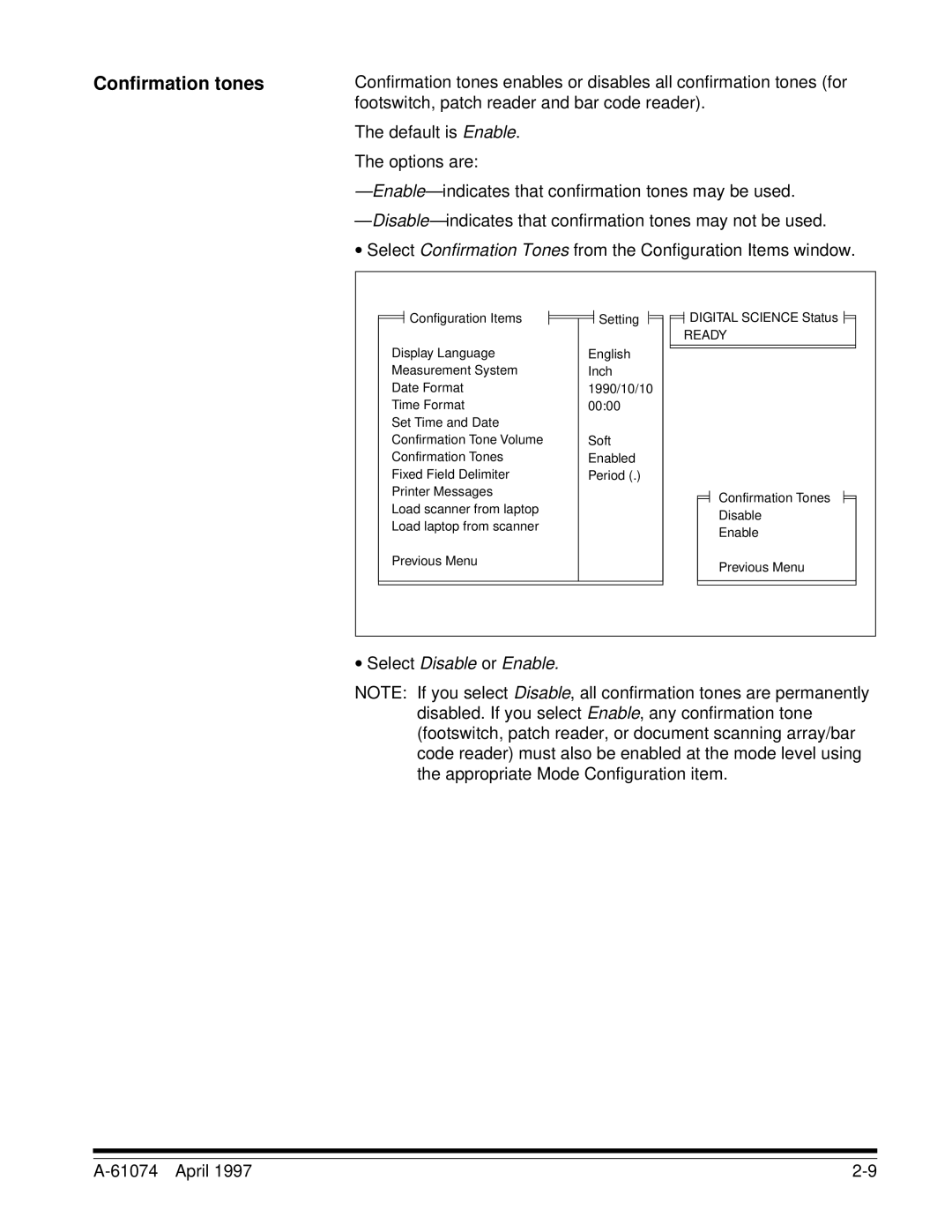 Kodak 7500, 5500 manual Confirmation tones, Footswitch, patch reader and bar code reader, Default is Enable 