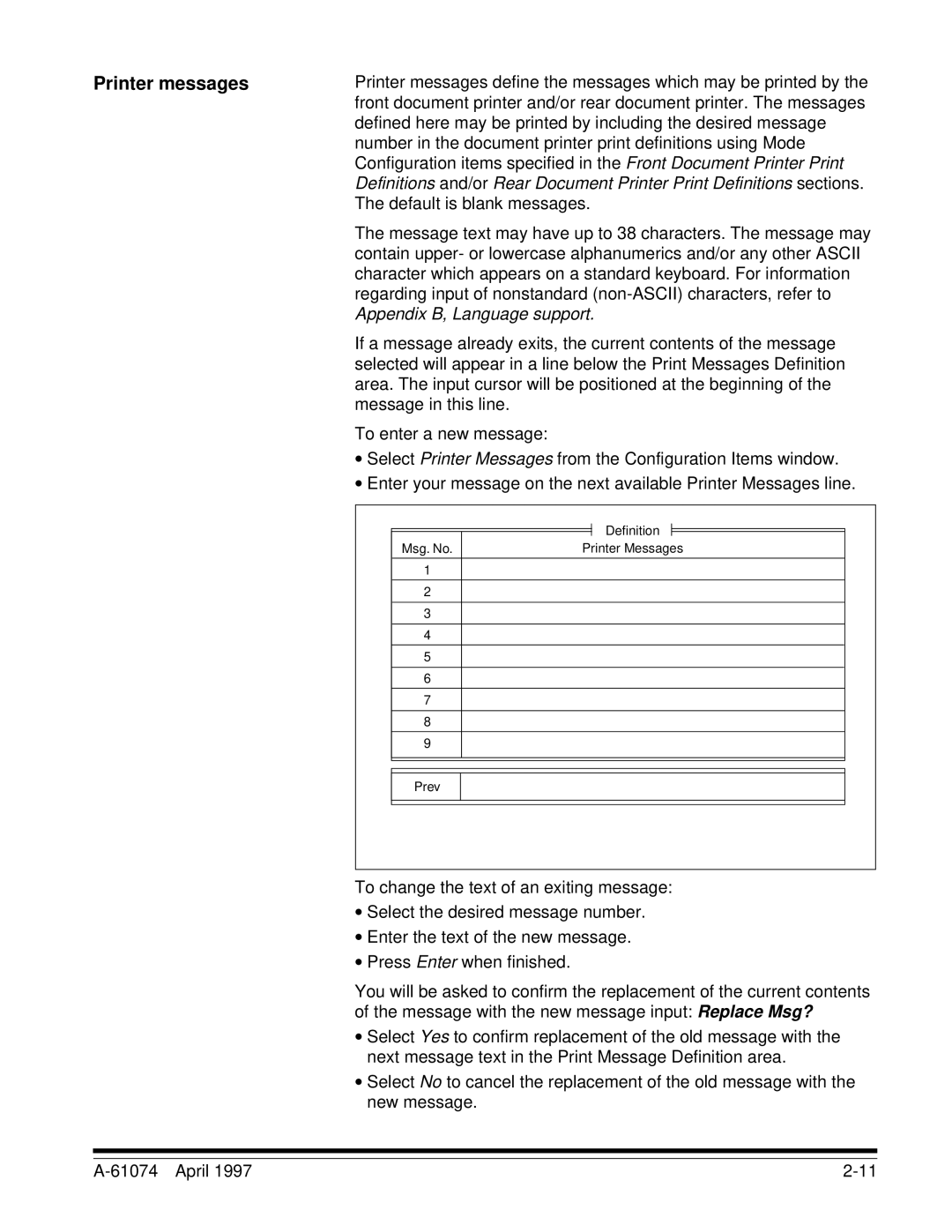 Kodak 7500, 5500 Printer messages, Number in the document printer print definitions using Mode, Default is blank messages 