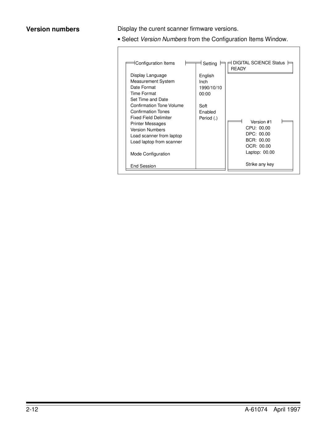 Kodak 5500, 7500 manual Version numbers, Display the curent scanner firmware versions 