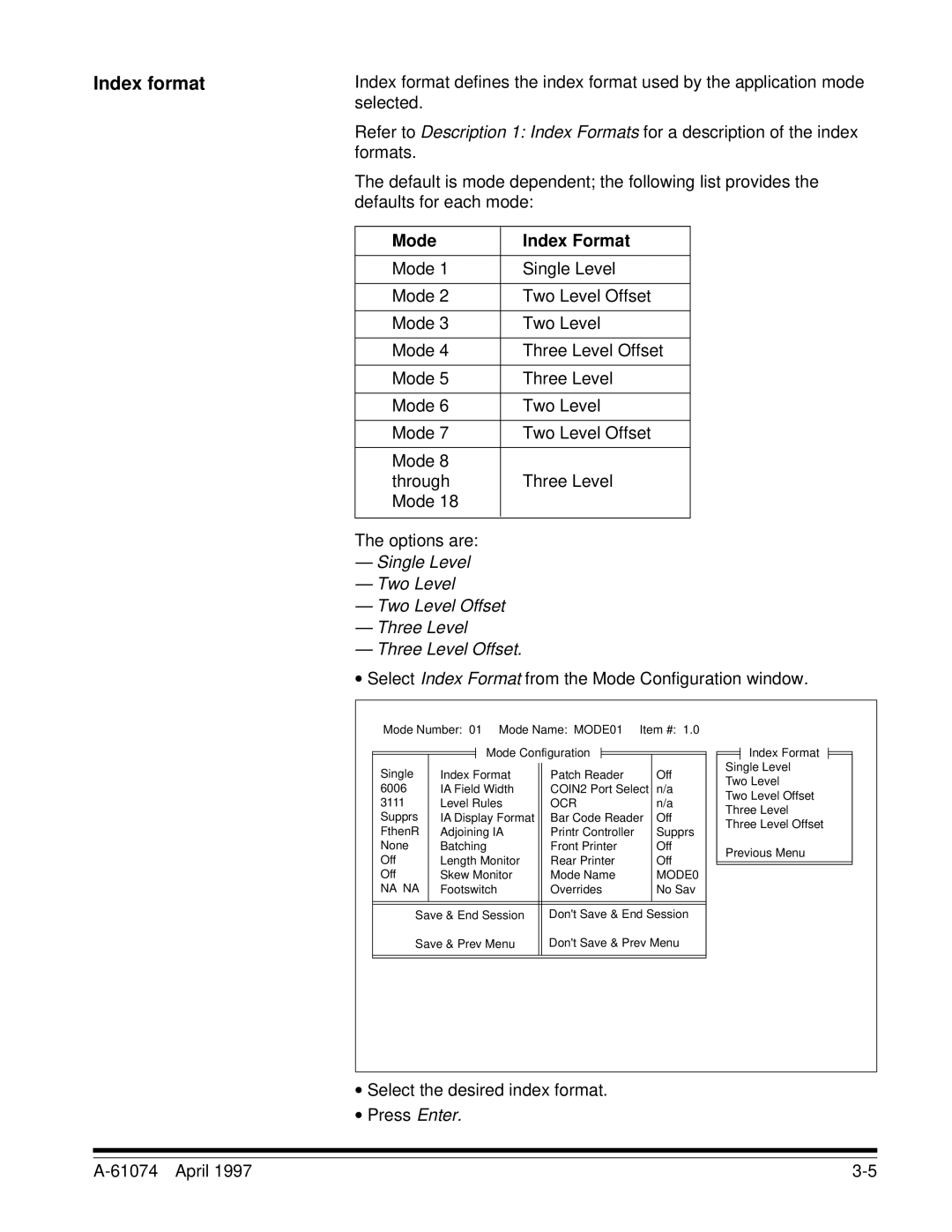 Kodak 7500, 5500 manual Index format, Mode Index Format, ∙ Select Index Format from the Mode Configuration window 