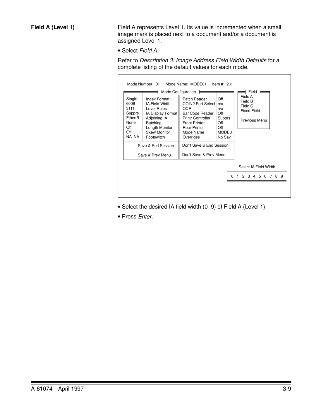 Kodak 7500, 5500 manual Field a Level, Complete listing of the default values for each mode 