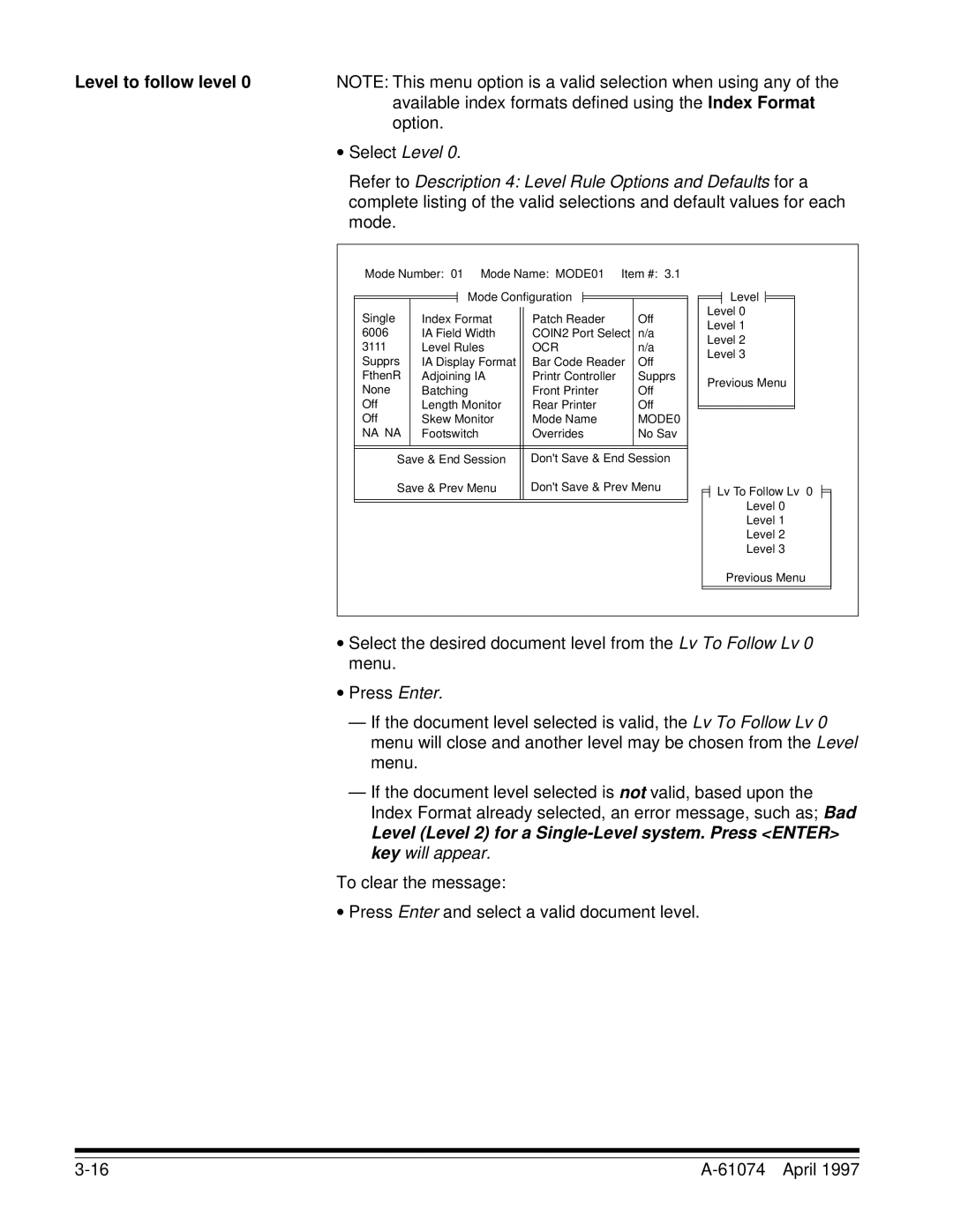 Kodak 5500 Level to follow level, Available index formats defined using the Index Format, Option ∙ Select Level, Mode 