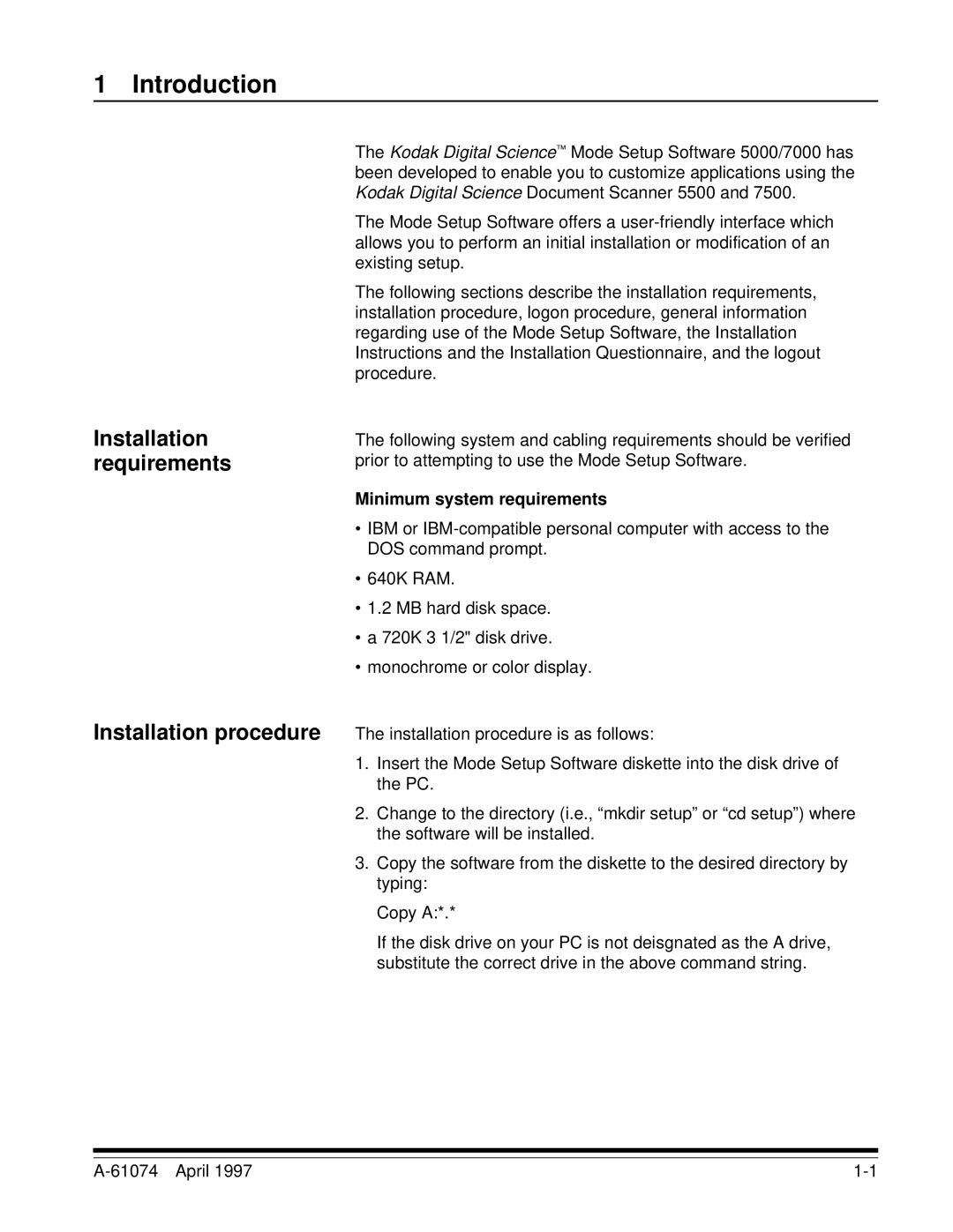 Kodak 7500, 5500 manual Introduction, Minimum system requirements 