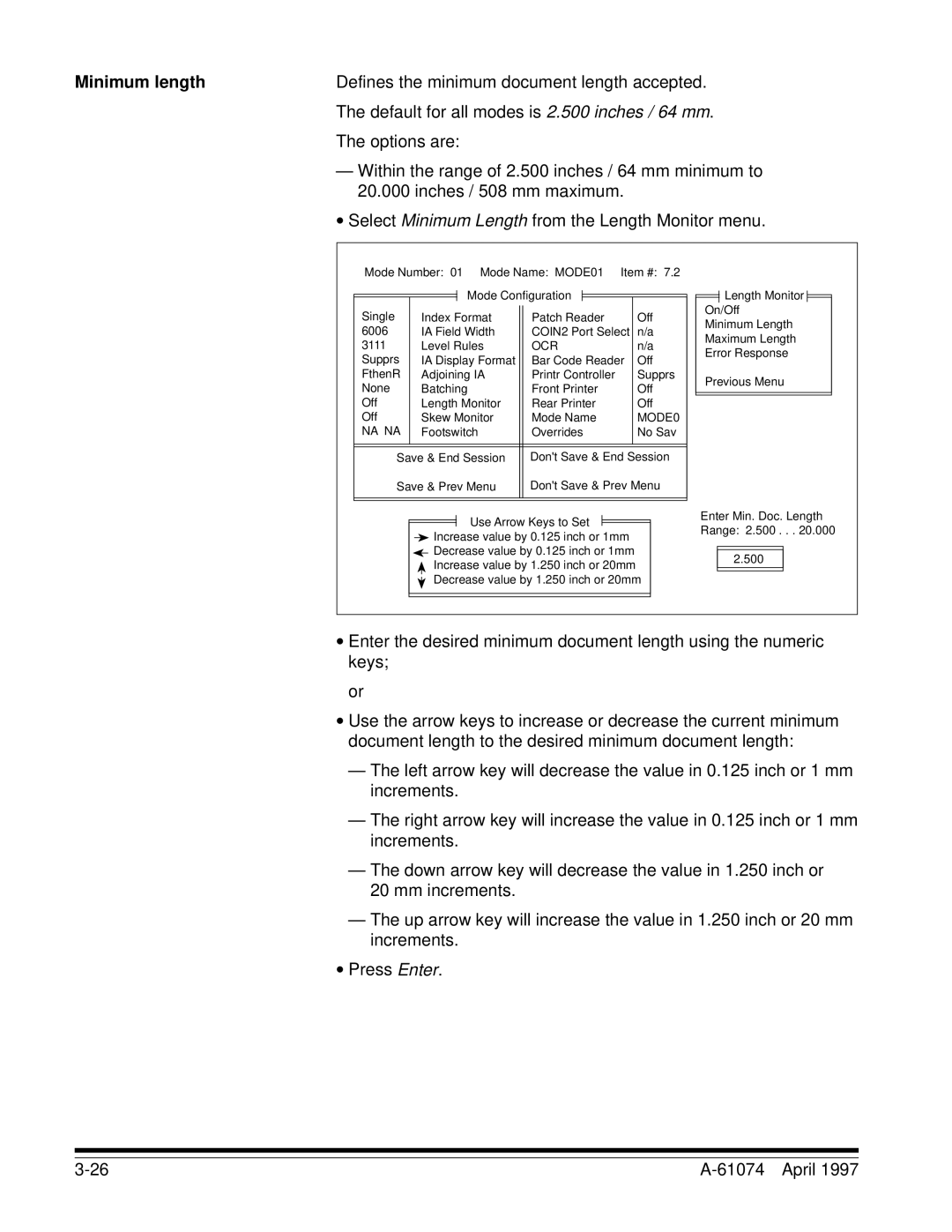 Kodak 5500 Minimum length, Defines the minimum document length accepted, Default for all modes is 2.500 inches / 64 mm 