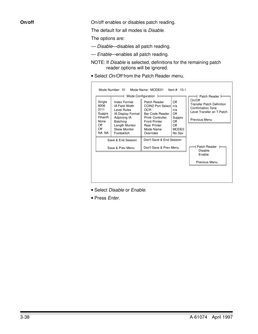 Kodak 5500 On/off enables or disables patch reading, Disable-disables all patch reading, Enable-enables all patch reading 