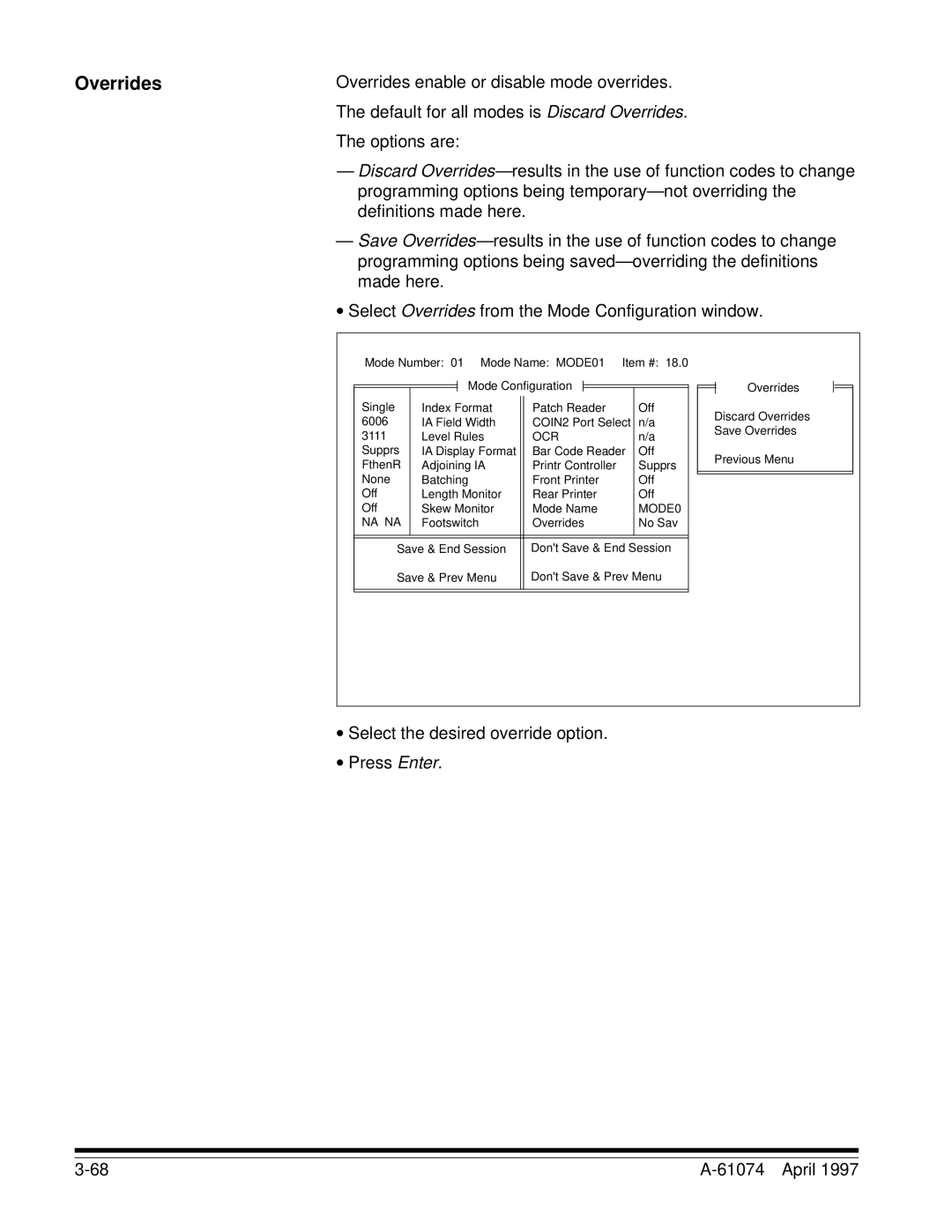 Kodak 5500, 7500 Overrides enable or disable mode overrides, ∙ Select the desired override option ∙ Press Enter April 