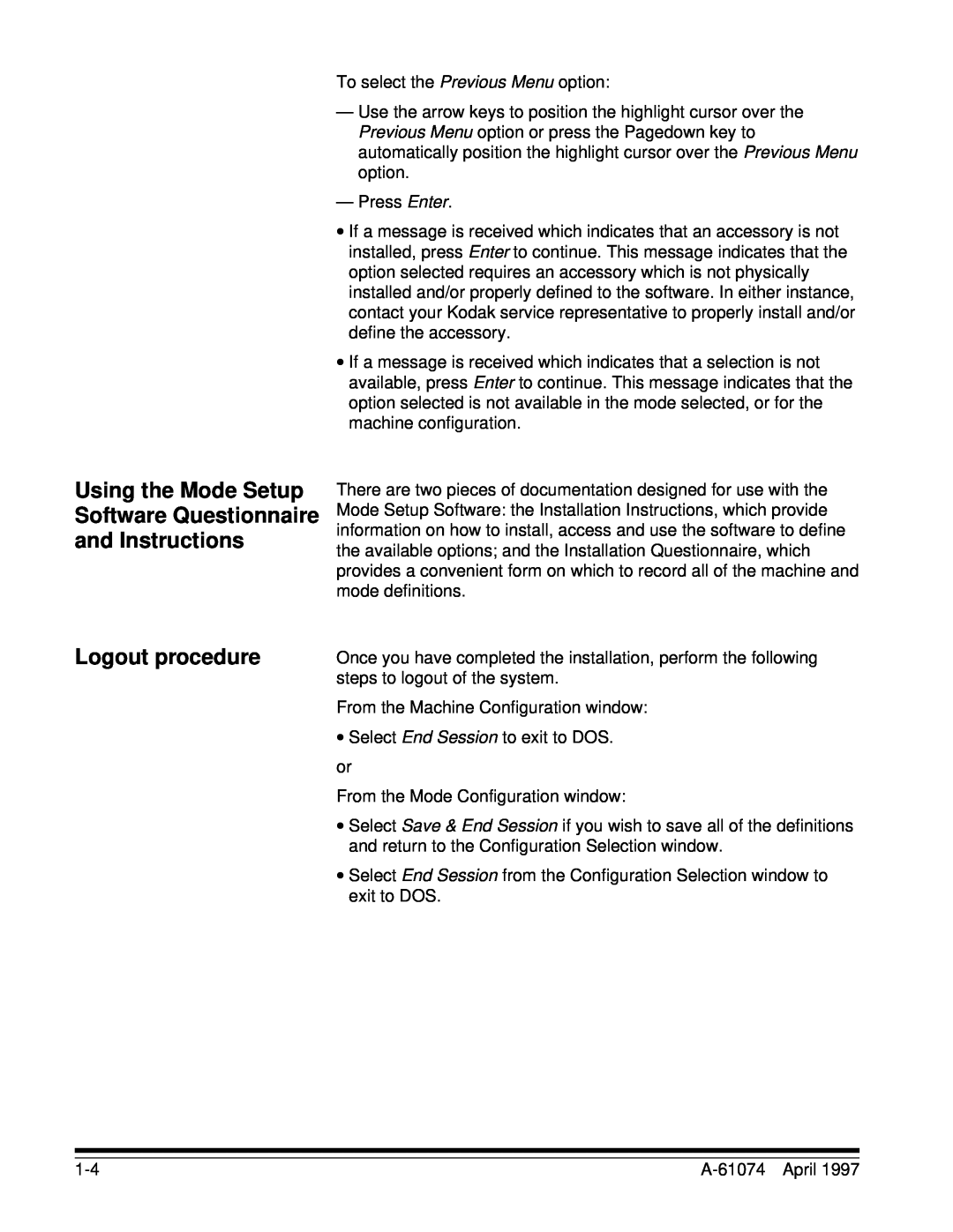 Kodak 5500, 7500 manual Using the Mode Setup Software Questionnaire, and Instructions Logout procedure 