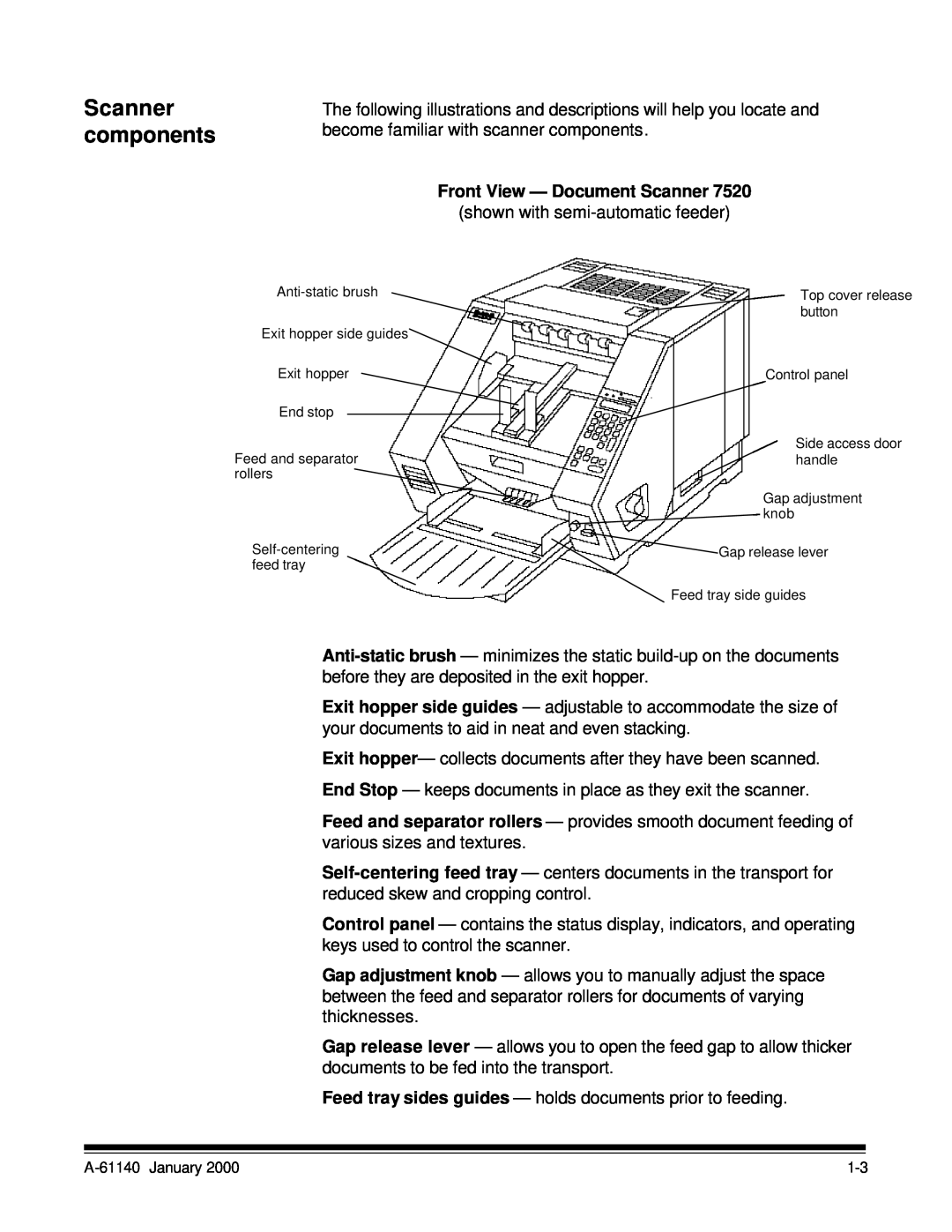 Kodak 7520 manual Scanner components, Front View - Document Scanner 