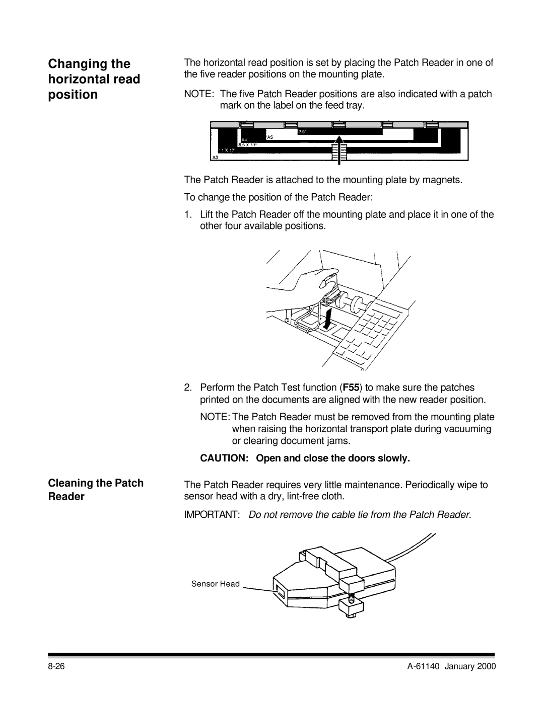 Kodak 7520 manual Changing the horizontal read position, Cleaning the Patch Reader 