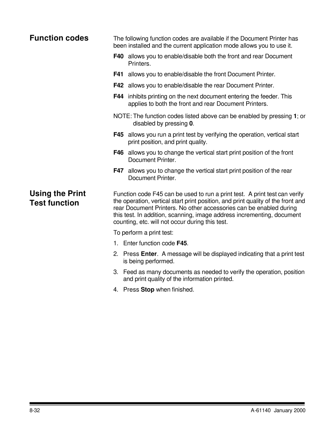 Kodak 7520 manual Function codes Using the Print Test function 