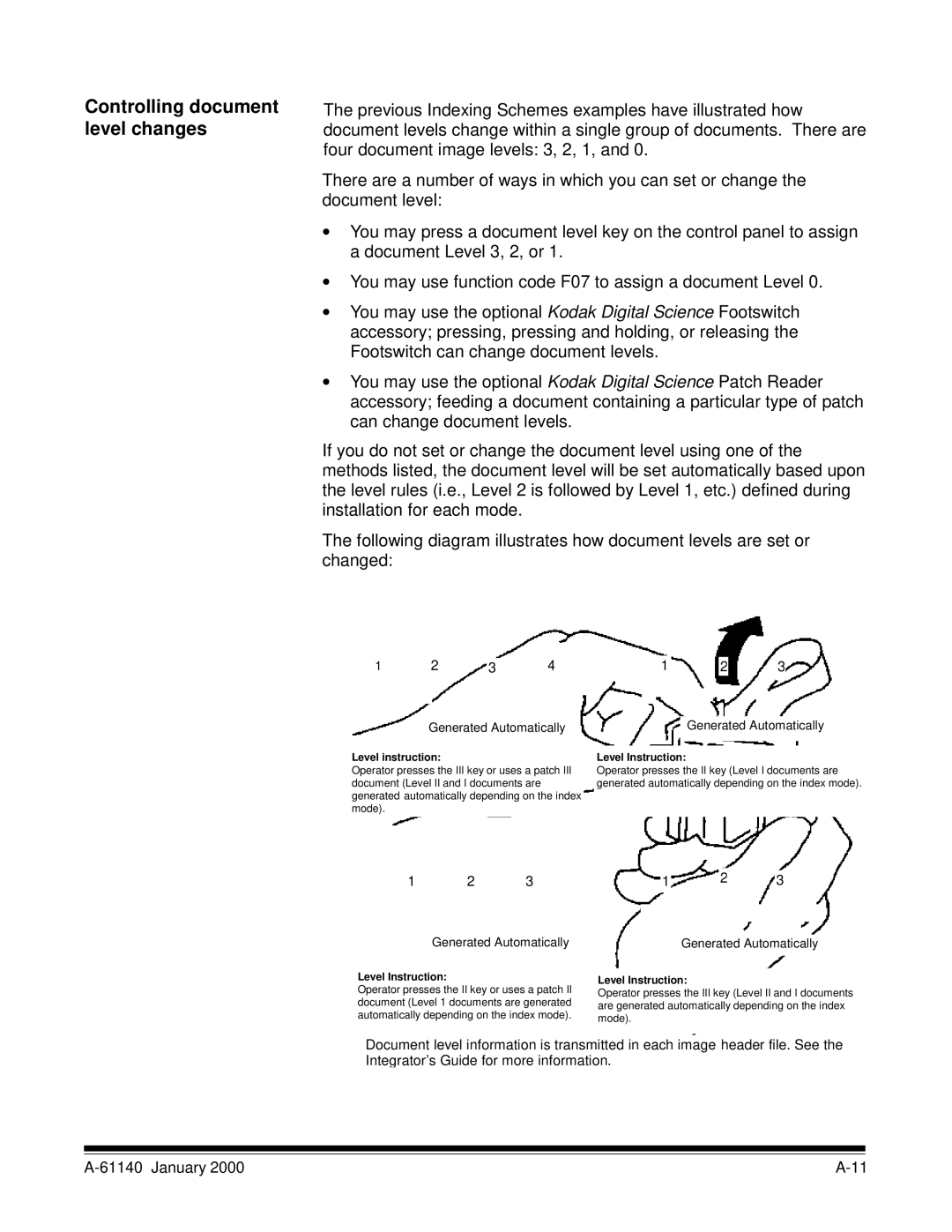 Kodak 7520 manual Controlling document level changes, Level instruction 