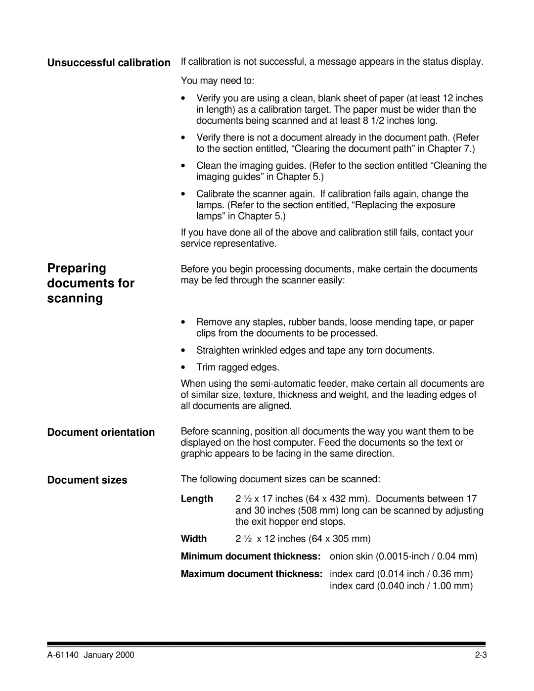 Kodak 7520 manual Preparing documents for scanning, Unsuccessful calibration, Document orientation, Document sizes 