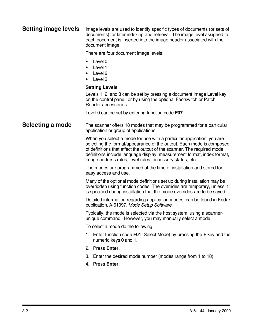 Kodak 7520 manual Setting image levels Selecting a mode, Setting Levels 