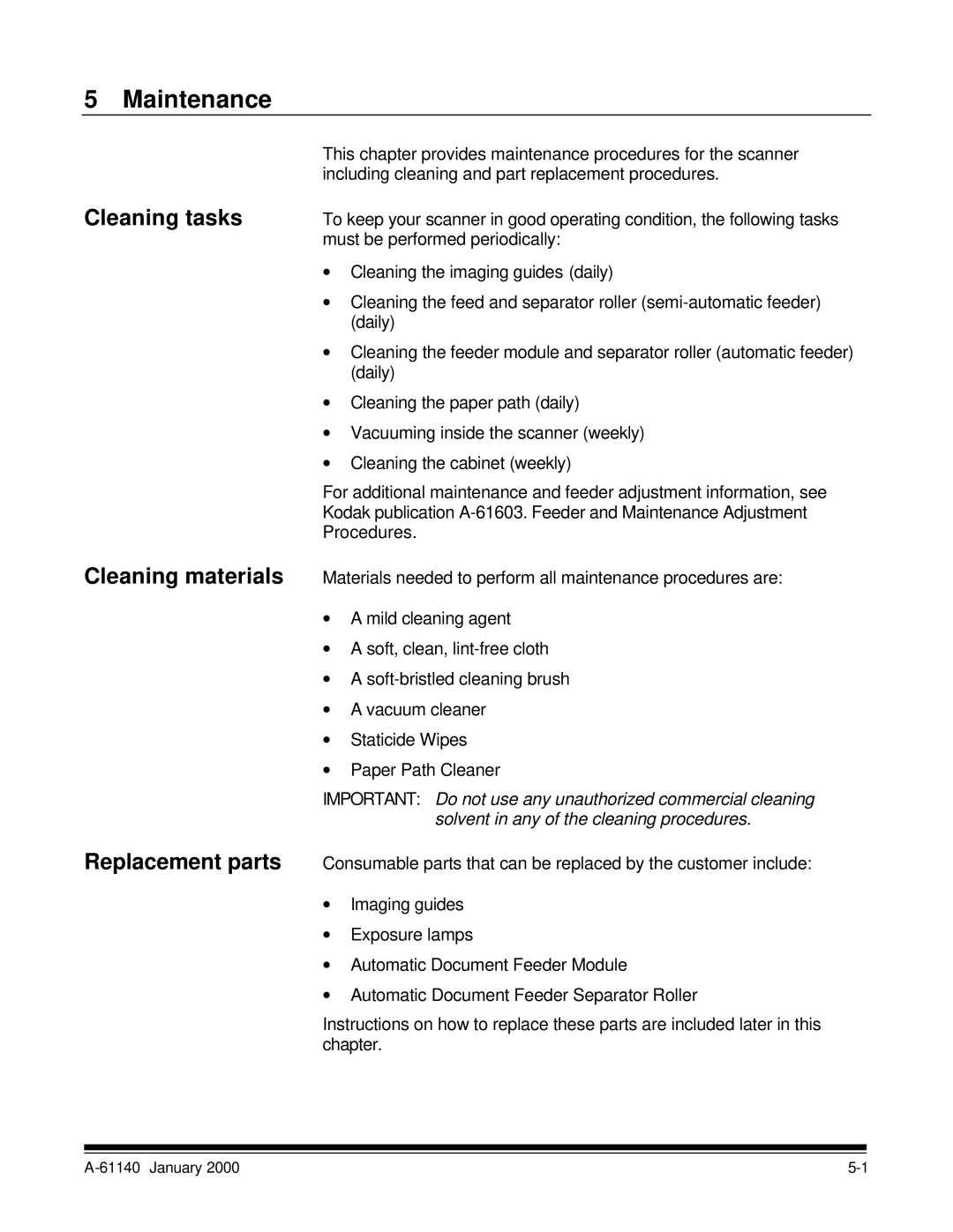 Kodak 7520 manual Maintenance, Cleaning tasks Cleaning materials Replacement parts 