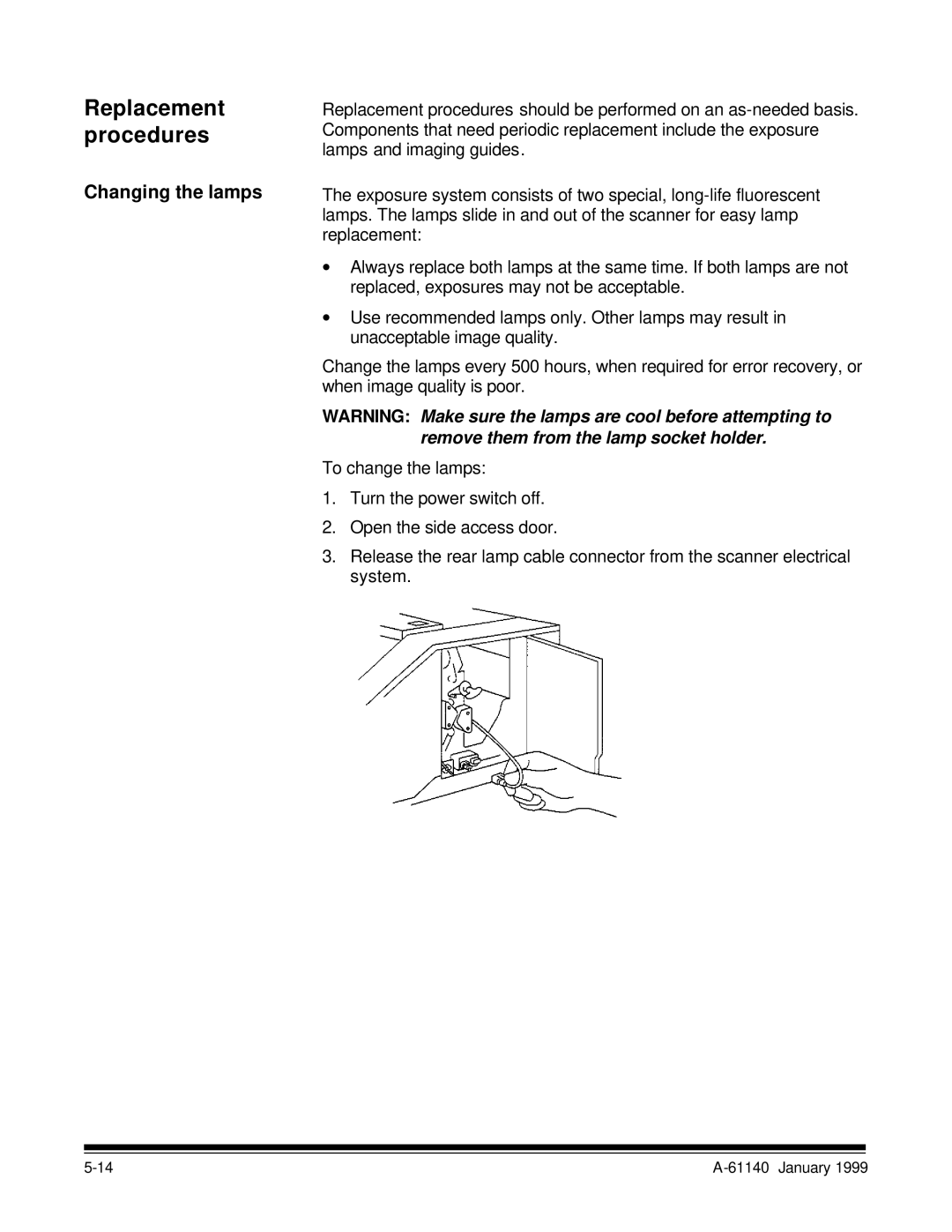 Kodak 7520 manual Replacement procedures, Changing the lamps 