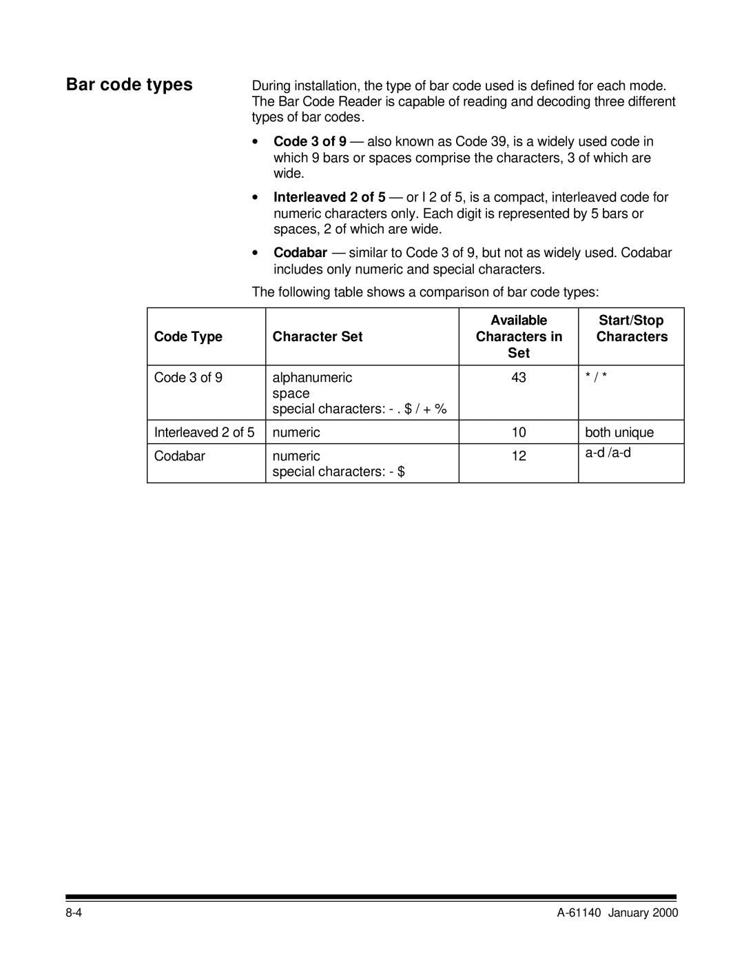 Kodak 7520 manual Bar code types, Available Start/Stop Code Type Character Set Characters 