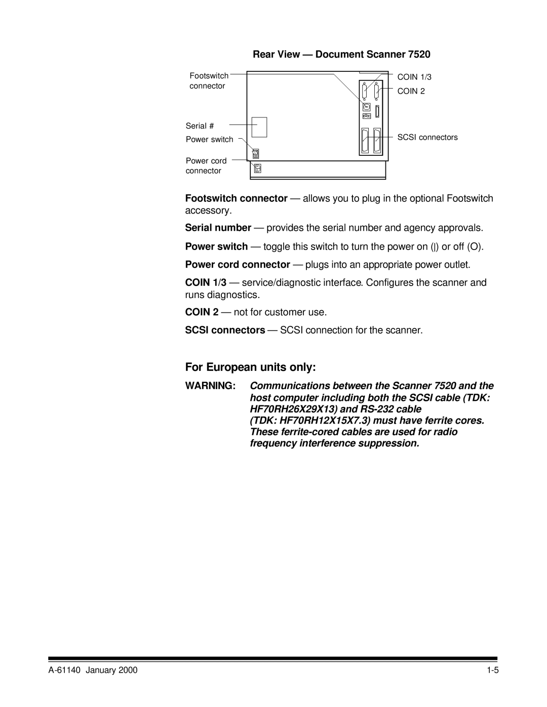 Kodak 7520 manual For European units only, Rear View Document Scanner 