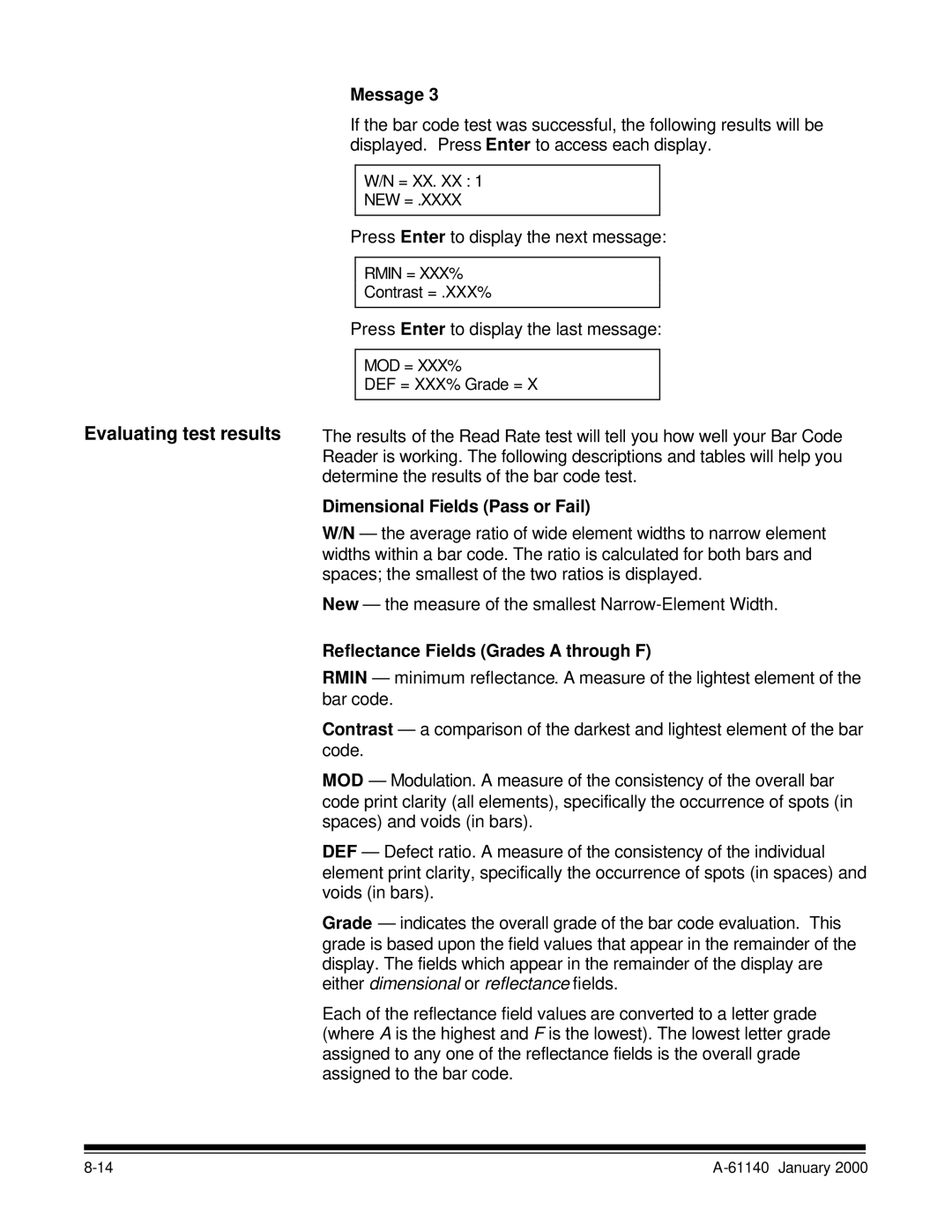 Kodak 7520 manual Evaluating test results, Dimensional Fields Pass or Fail, Reflectance Fields Grades a through F 