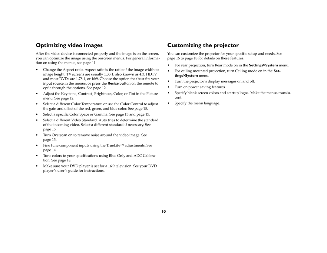 Kodak 777 manual Optimizing video images, Customizing the projector 