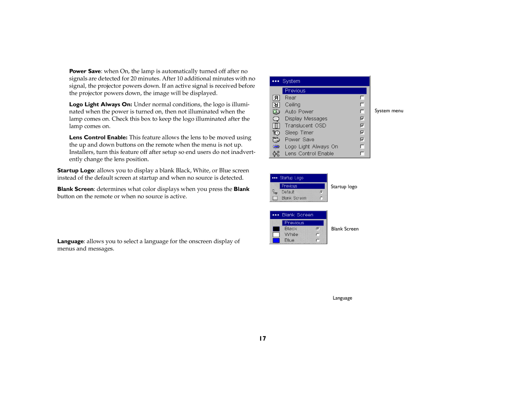 Kodak 777 manual System menu Startup logo Blank Screen Language 