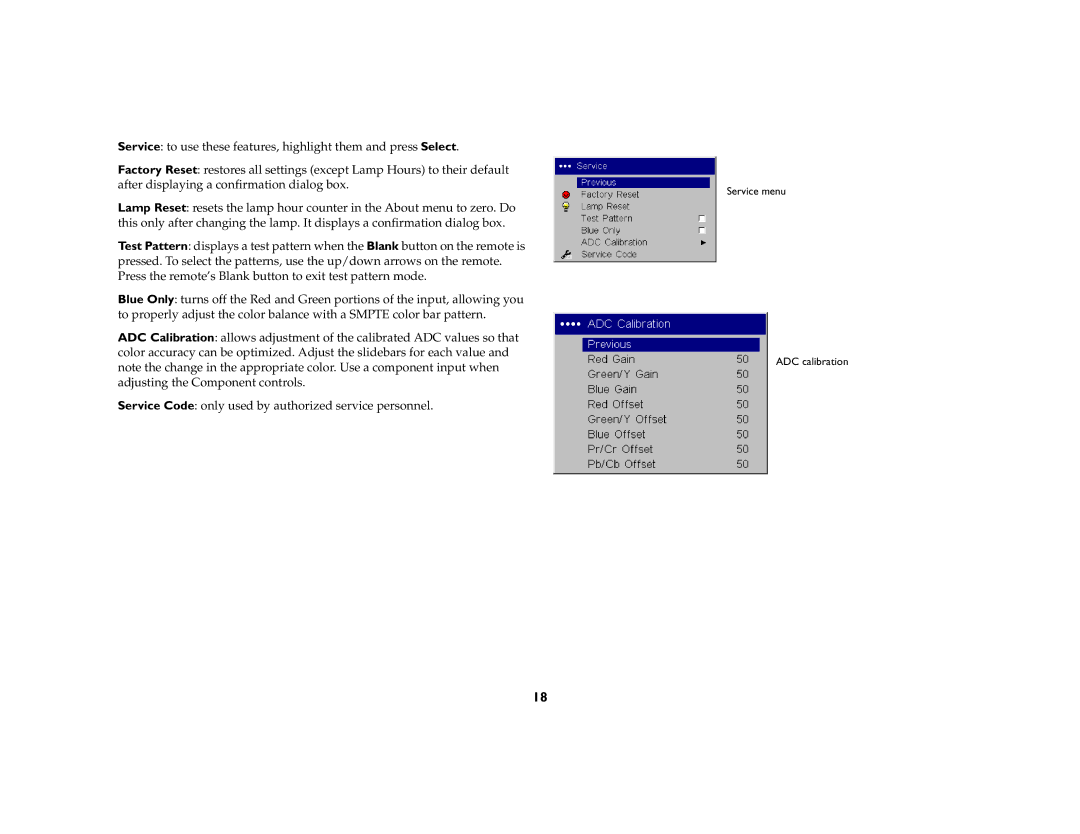 Kodak 777 manual Service menu ADC calibration 