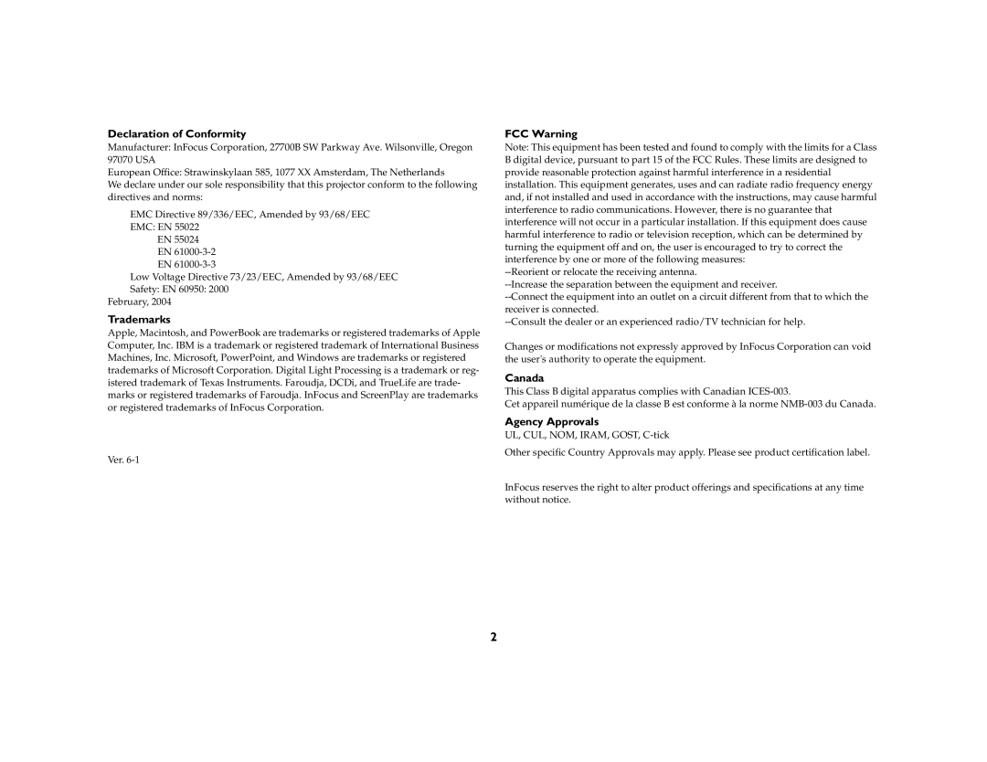 Kodak 777 manual Declaration of Conformity, Trademarks, FCC Warning, Canada, Agency Approvals 