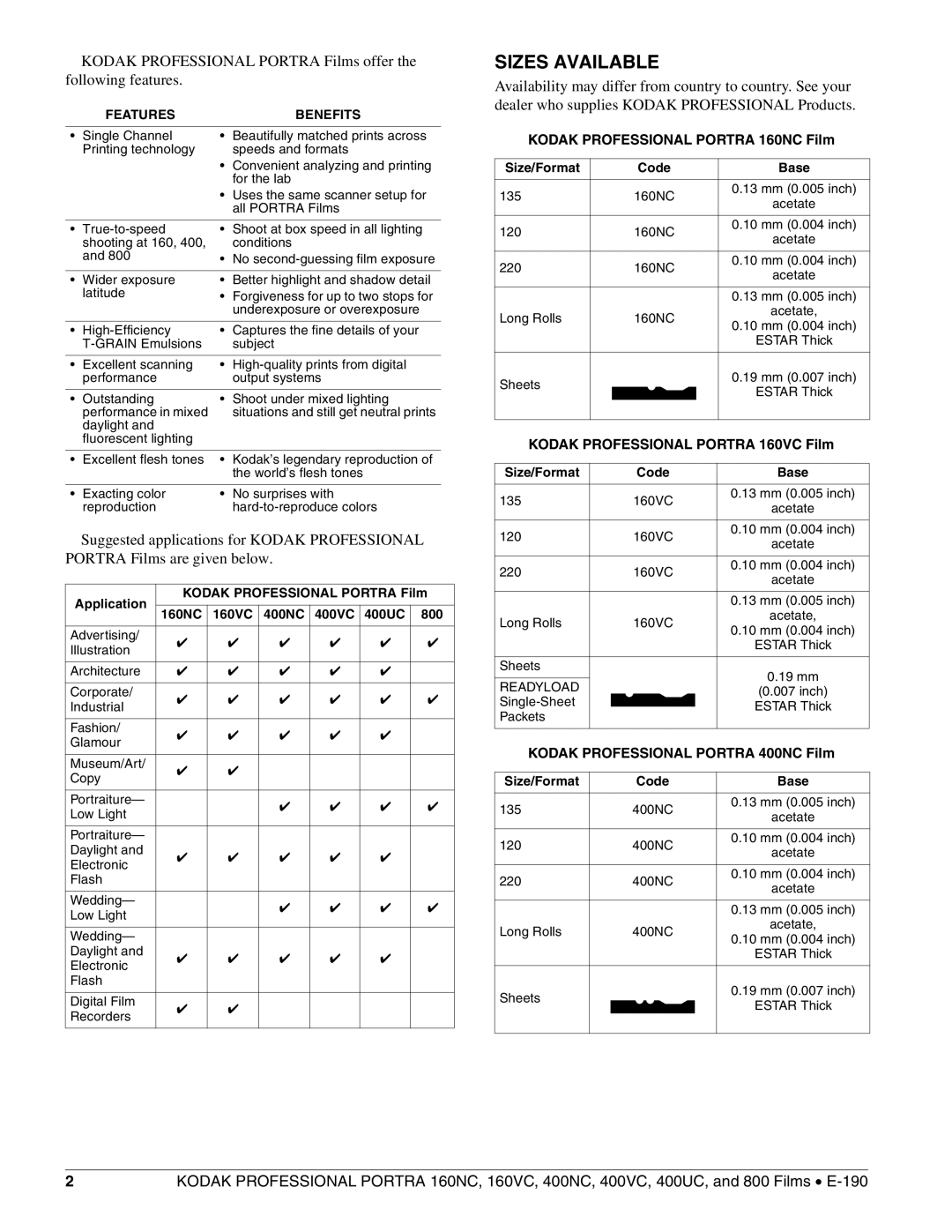 Kodak 400UC Sizes Available, Kodak Professional Portra 160NC Film, Kodak Professional Portra 160VC Film, Featuresbenefits 