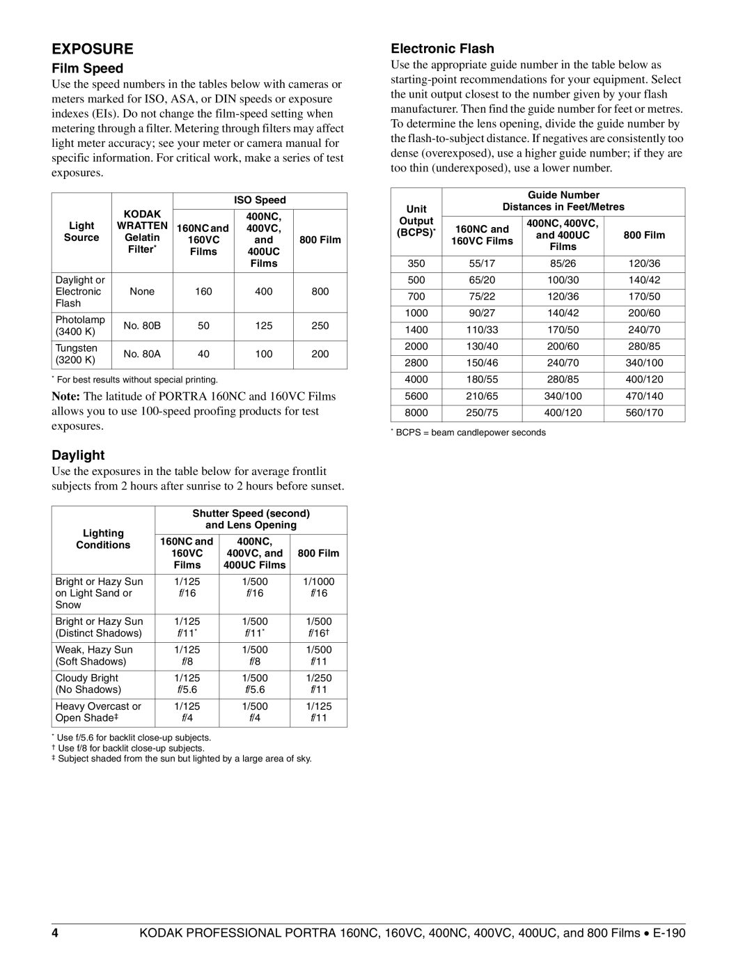 Kodak 400NC, 800, 400VC, 400UC, 160NC, 160VC manual Exposure, Film Speed, Daylight, Electronic Flash 