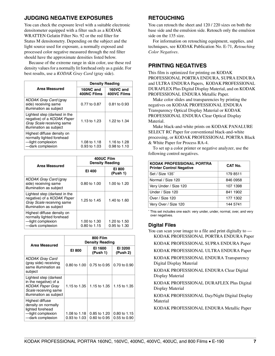 Kodak 400VC, 800 manual Judging Negative Exposures, Retouching, Printing Negatives, Digital Files, Kodak Professional Portra 